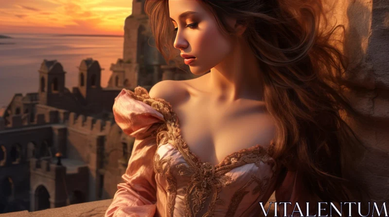 Young Woman in Pink Dress at Sunset AI Image