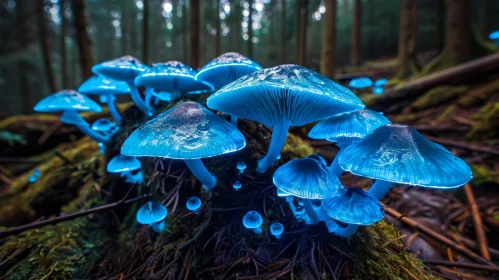 Enchanting Glowing Blue Mushrooms in Dark Forest