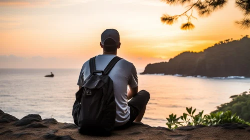 Man Sitting on Cliff Overlooking Sea at Sunset