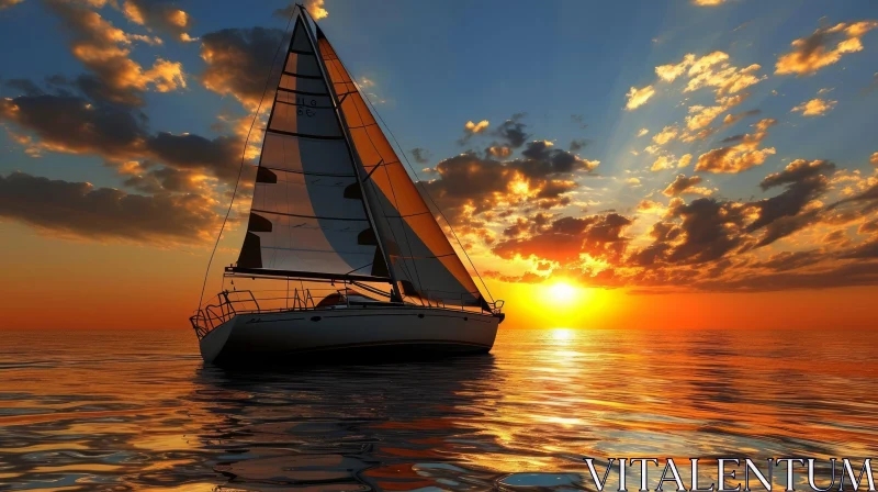 AI ART Tranquil Seascape with Sailboat at Sunset