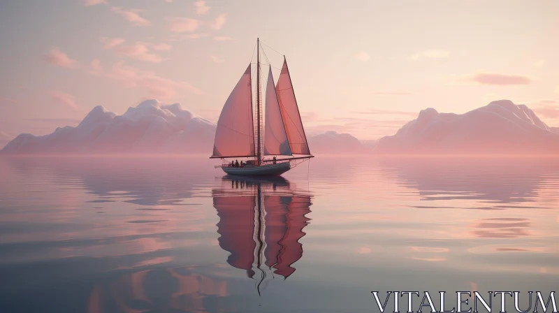 Tranquil Sunset Seascape with Sailing Boat and Mountains AI Image
