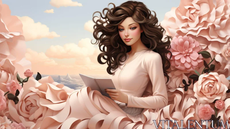 AI ART Young Woman Reading Book in Pink Flowers