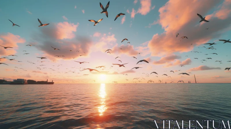 Birds Flying Over Ocean at Sunset AI Image