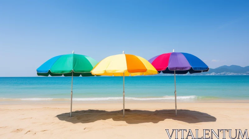 Colorful Beach Umbrellas on Sandy Beach AI Image