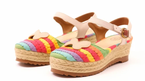 Colorful Rainbow Wedge Sandals with Butterfly Ornament