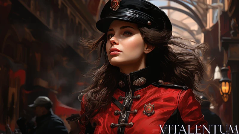 AI ART Confident Young Policewoman in Red Uniform and Black Hat