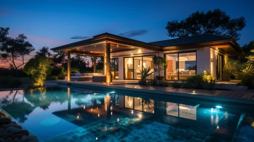 Contemporary House Night View with Pool and Trees