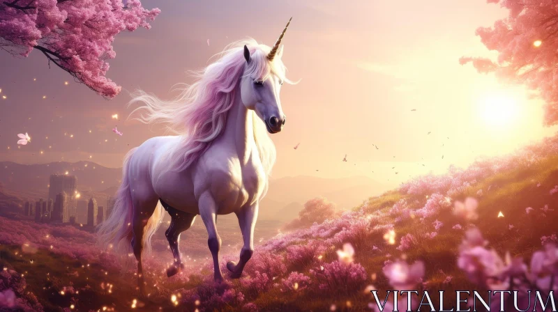 Enchanting Unicorn in Field of Flowers AI Image