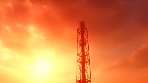 Fiery Sunset Tower - Intricate Metalwork Against Colorful Sky