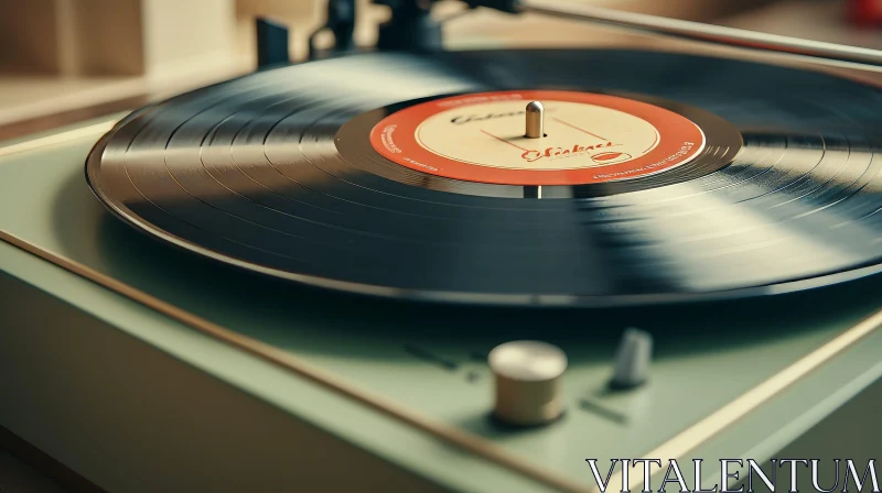 Green Record Player Close-Up on Wooden Surface AI Image