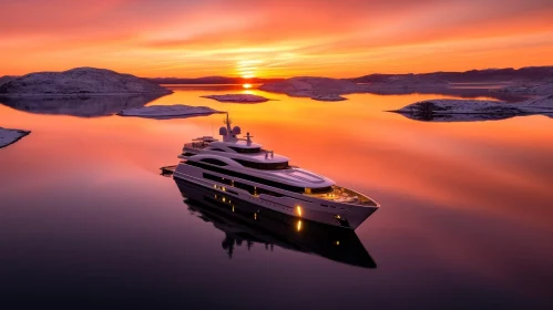 Luxury Yacht Sailing in Picturesque Fjord at Sunset