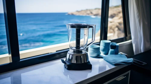 Ocean View Modern Kitchen with Silver Blender