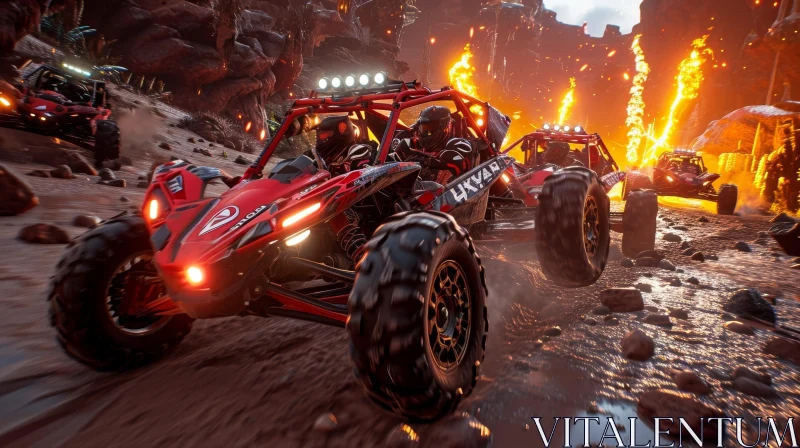 Off-Road Vehicle Racing in Fiery Canyon AI Image
