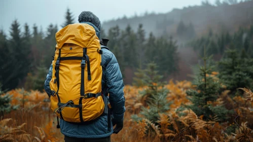 Person in Field with Yellow Backpack and Camping Gear