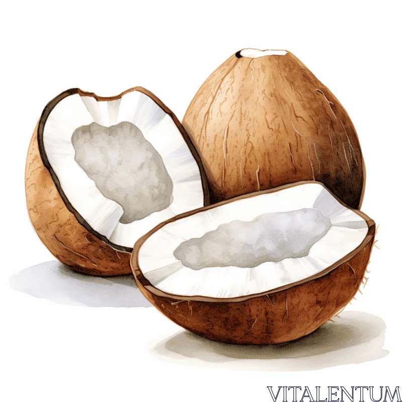 Realistic Watercolor Coconut Illustration | Detailed Character Illustrations AI Image