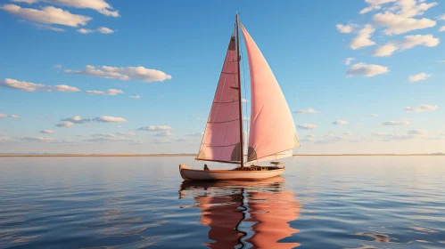 Tranquil Sailboat on Calm Sea with Pink Sail
