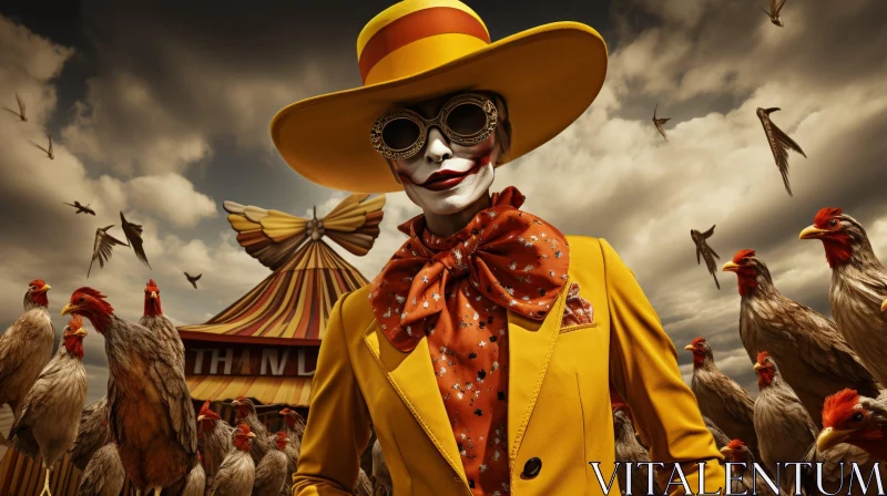 Whimsical Portrait in Yellow Suit at Circus Tent AI Image