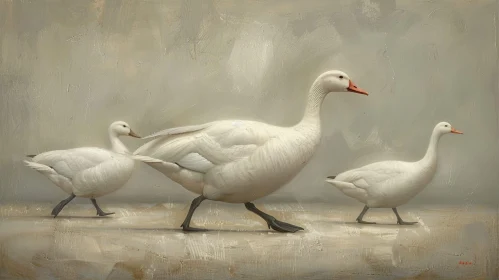 White Geese Walking Painting on Beige Background
