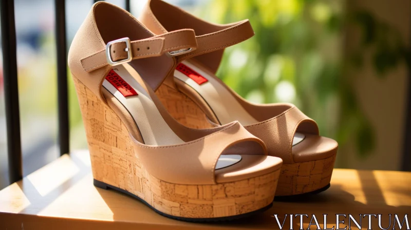 Beige Leather Wedge Sandals with Ankle Straps Outdoors AI Image