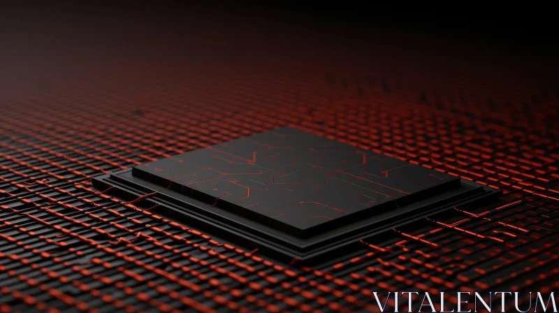 Black Processor with Red Glowing Lines - 3D Rendering AI Image