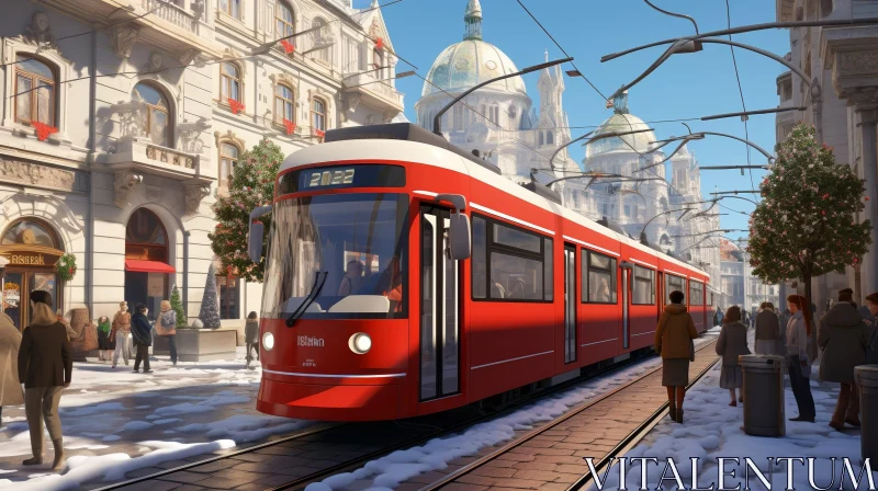 Cityscape with Christmas Tram in European City AI Image