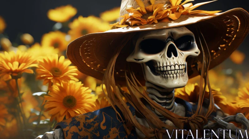 Creepy Skeleton in Sunflower Field AI Image