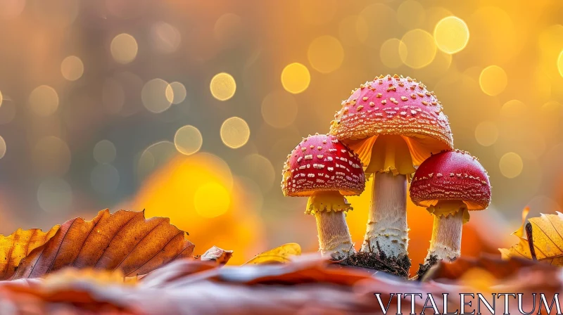 Enchanting Red Mushroom Trio in Forest Setting AI Image