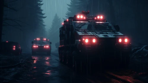 Military Convoy in Dark Rainy Forest