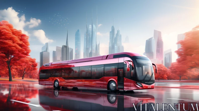 Red Futuristic Bus in Modern City AI Image