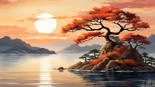 Tranquil Nature Painting with Orange Tree by the Lake