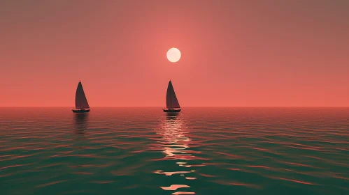 Tranquil Seascape with Sailing Boats at Sunset