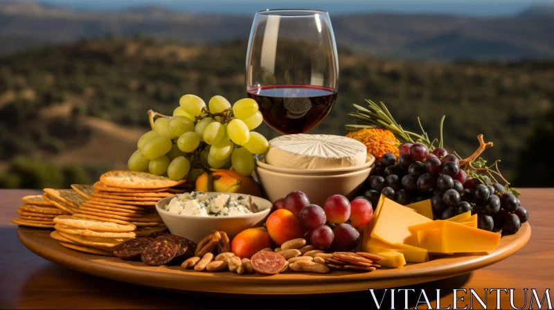 Cheese and Wine Still Life on Wooden Table AI Image