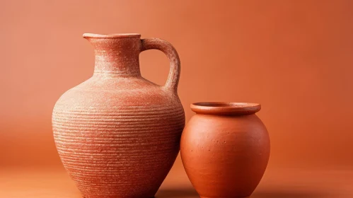 Earthenware Clay Pots on Brown Background