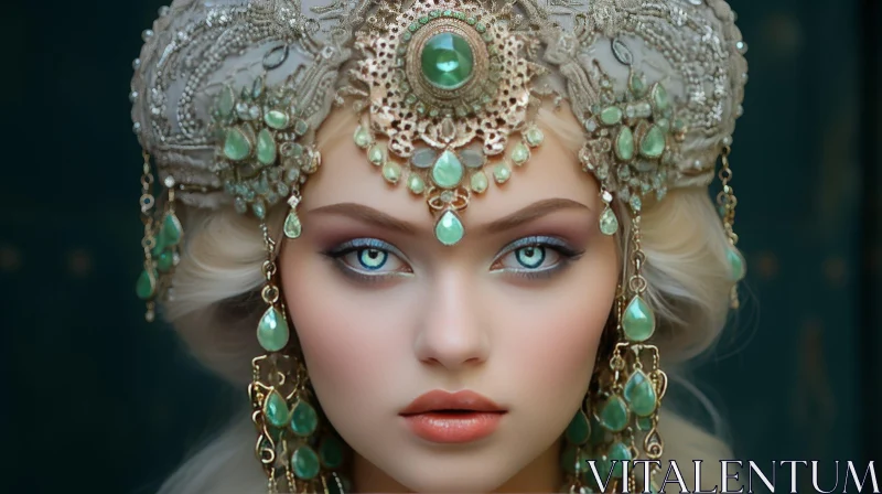 Elegant Woman Portrait with Green Jewelry AI Image