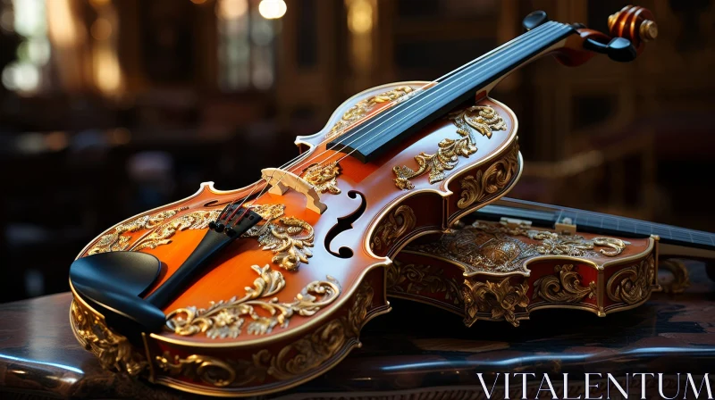 AI ART Elegant Wooden Violin on Marble Table