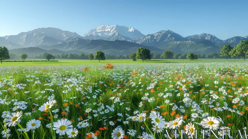 Serene Mountain Landscape with Vibrant Flowers AI Image