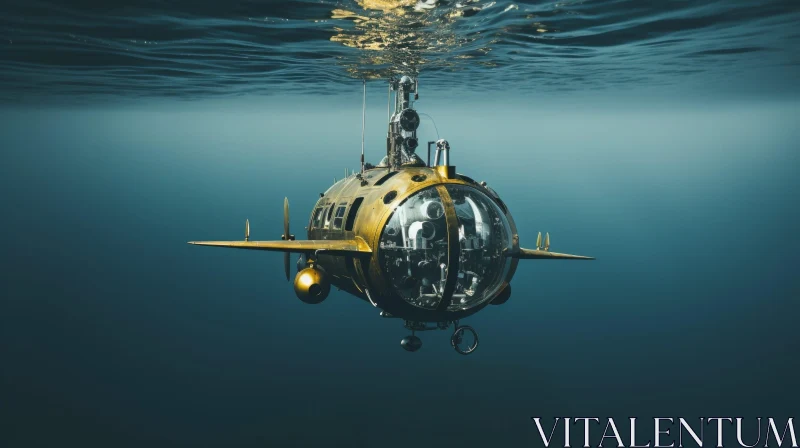 AI ART Steampunk Submarine in Dark Blue Ocean