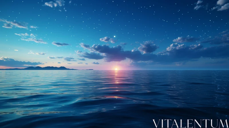 AI ART Tranquil Seascape at Sunset with Stars and Mountains