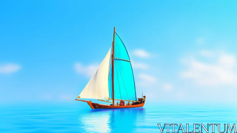 Cartoon Sailboat on Calm Blue Sea AI Image
