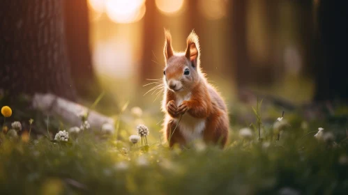 Curious Squirrel Portrait in Field of Flowers