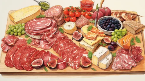 Delicious Cheese, Meats, Fruits & Vegetables on Wooden Board