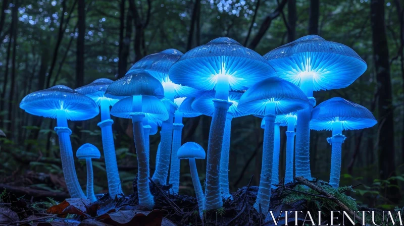 Enchanting Glowing Blue Mushrooms in Dark Forest AI Image