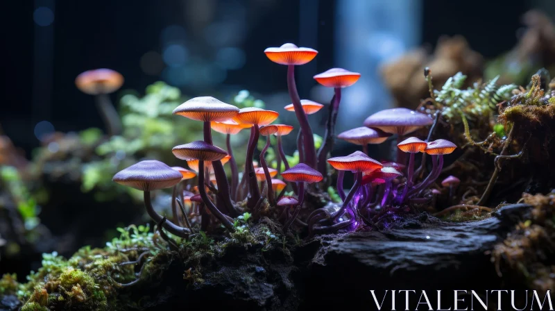 AI ART Enchanting Purple Mushrooms on Mossy Log - Nature Wonders