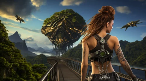 Enigmatic Woman on Alien Bridge - Digital Art