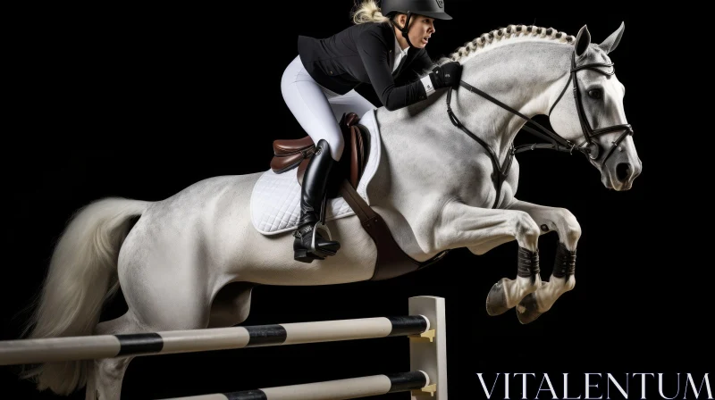 Equestrian Action: Woman Jumping White Horse Over Fence AI Image