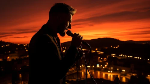 Man Singing into Microphone at Sunset