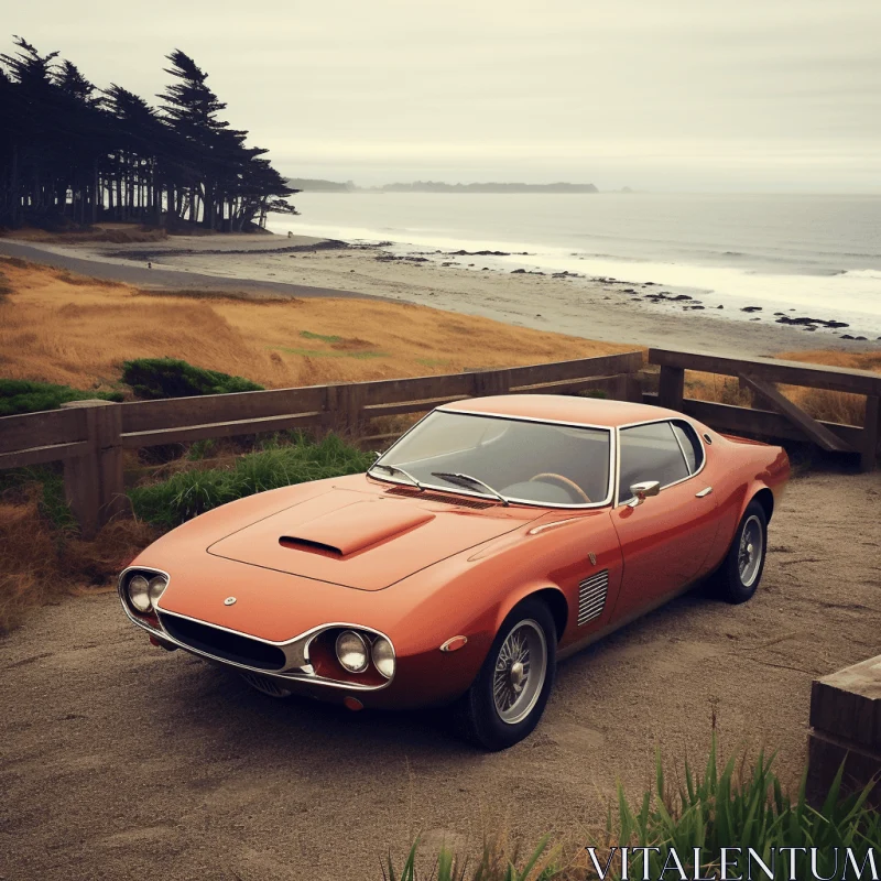 Red Sports Car by the Ocean: Organic Forms and Classic Japanese Simplicity AI Image