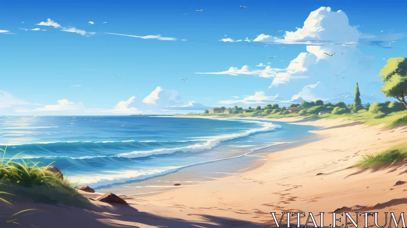Tranquil Beach Scene with Sun and Waves AI Image