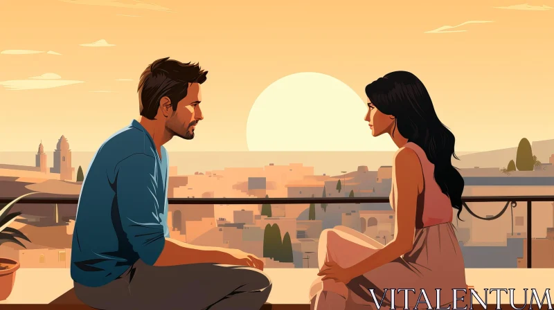 Urban Sunset Painting with Man and Woman AI Image