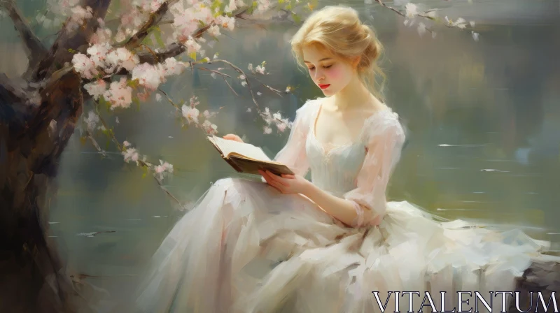 AI ART Young Woman Reading in Forest Painting